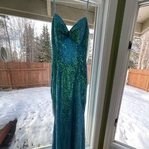 gorgeous green/blue Jovani mermaid sequin dress with side slit with bead detail